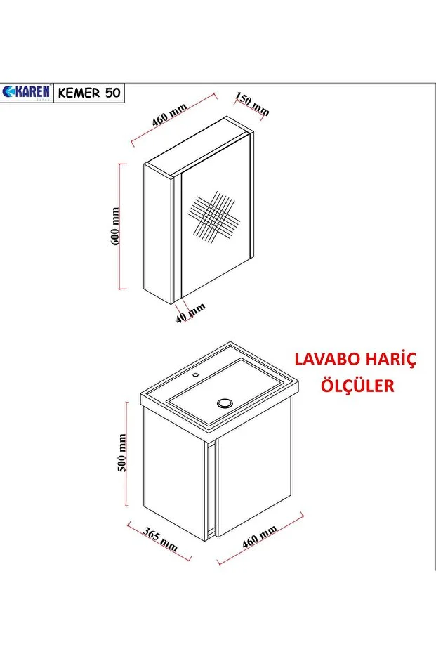 Kemer 50 Cm, Lavabolu, Aynalı, Banyo Dolabı, Mat Antrasit, Lavabo Dahil